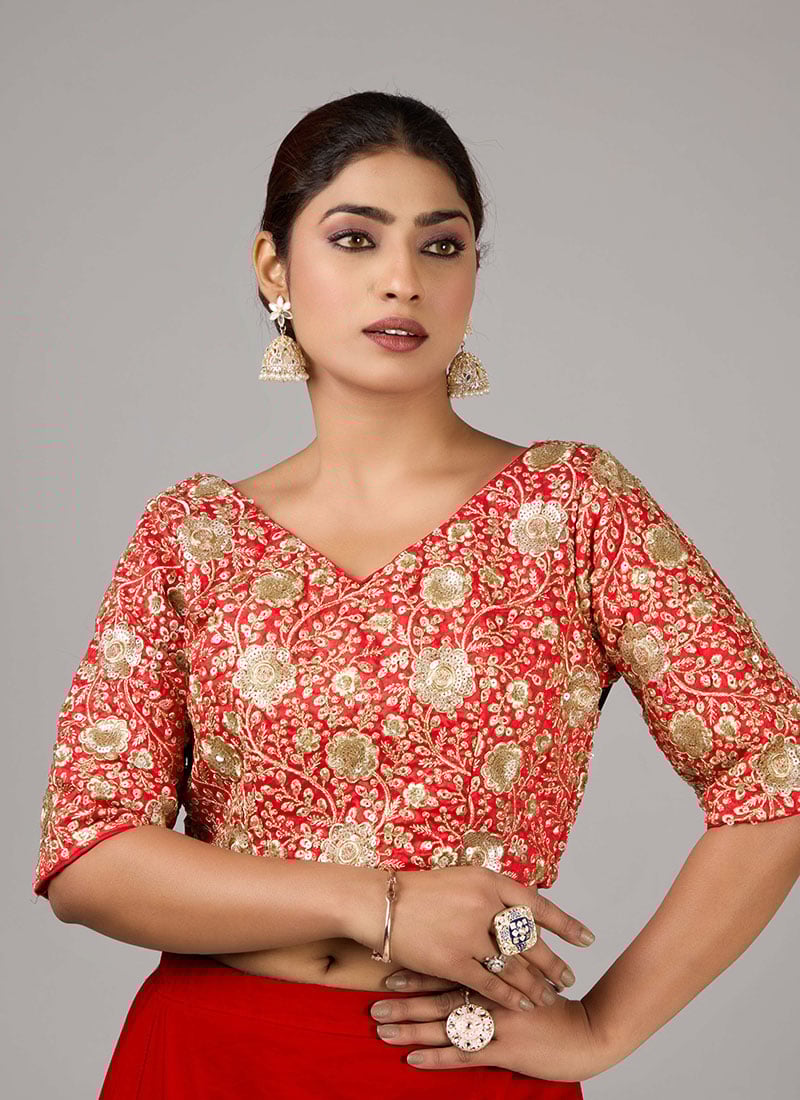Red Zari Embroidered Dupion Silk V Neck Blouse Wedding Wear