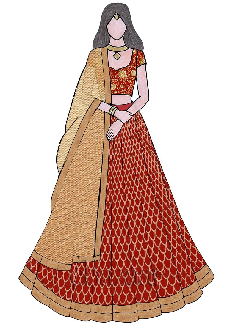 Red Zari Embroidered Kali Lehenga Set