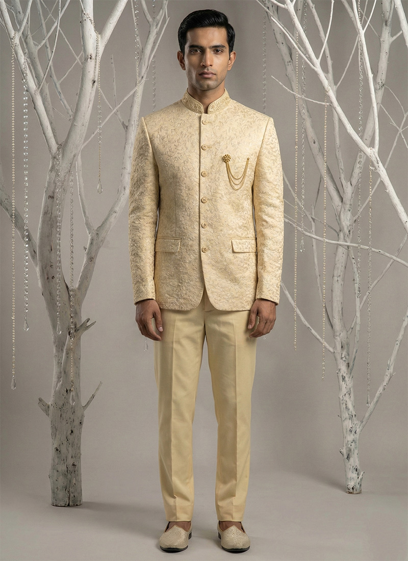 Refined Light Fawn Silk Embroidered Thread Bandhgala Suit Wedding Wear