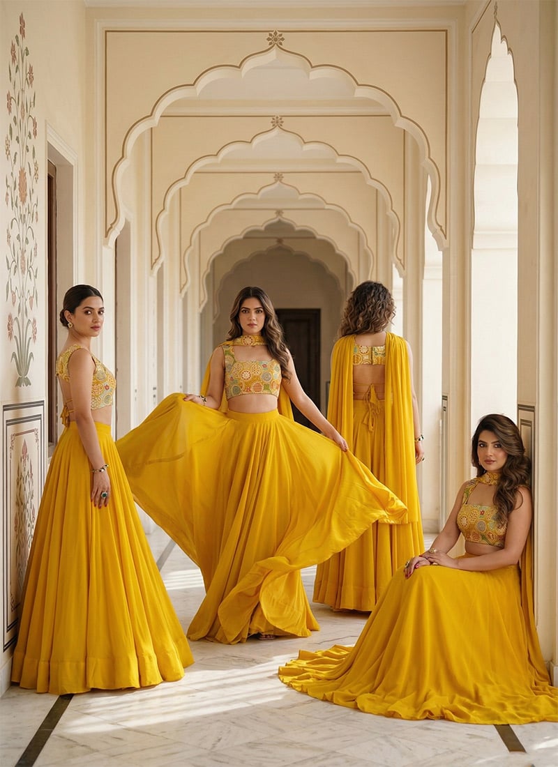 Regal Yellow Georgette Lehenga With Embroidered Sequins Choli Festive Wear