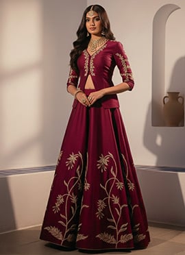 Rich Wine Silk Zari Sequins Embroidered A Line Lehenga