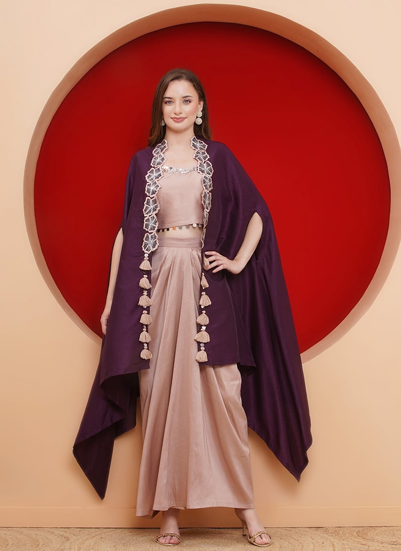 Rose Gold Silk Applique And Sequins Work Indowestern Jacket Skirt Set After Six Wear