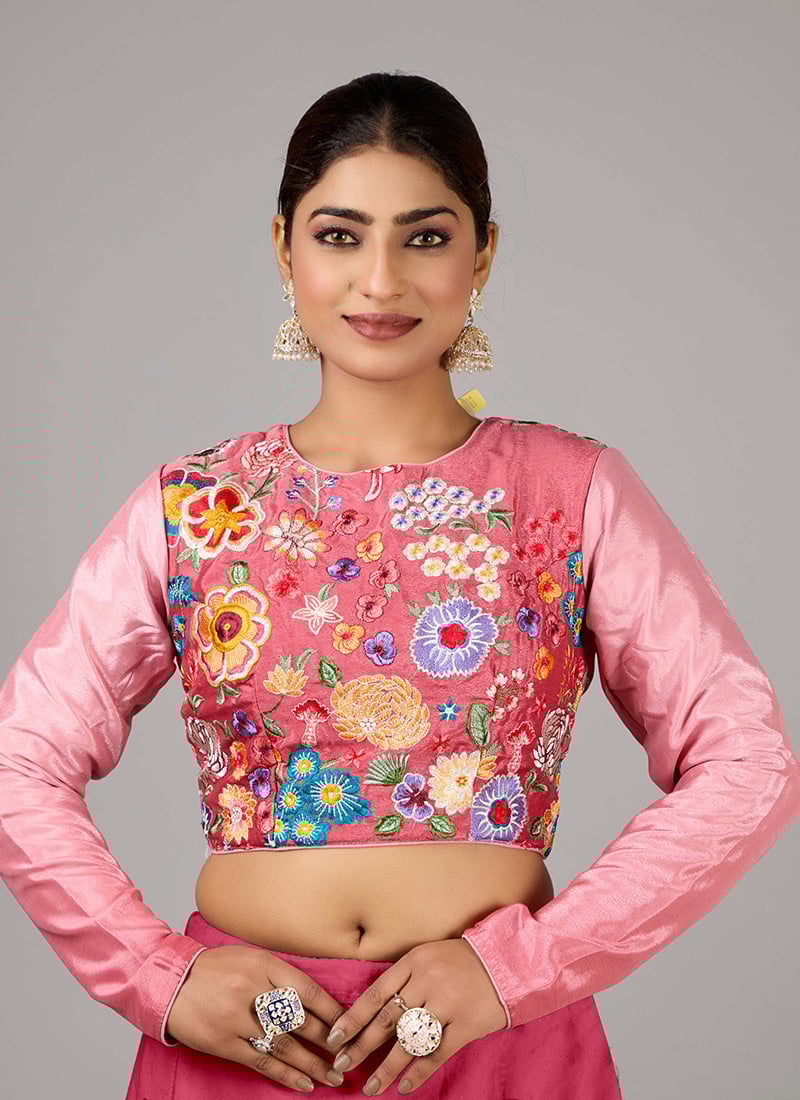 Rose Pink Chinon Embroidered Close Neck Blouse Wedding Wear