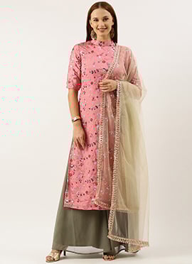 Rouge Pink Embroidered Collar Neck Palazzo Suit