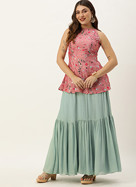 Rouge Pink N Blue Chinon Embroidered Skirt Set