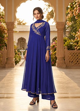 Royal Blue Georgette Zari Sequins Angarkha Style Anarkali Suit