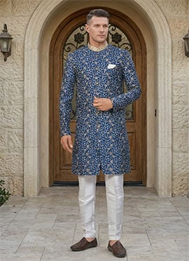 Royal Blue Kora Shine Silk Embroidered Sequins Indowestern Sherwani