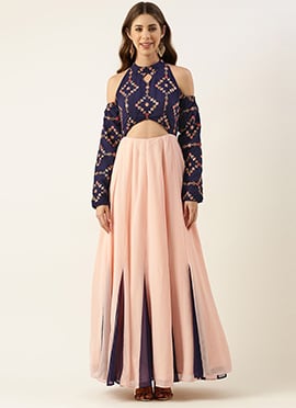 Royal Blue N Peach Georgette Embroidered Gown