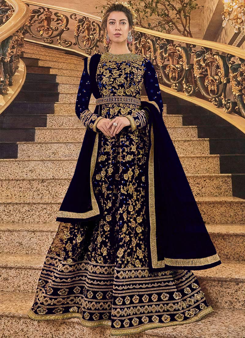 Royal Blue Net Anarkali Suit Party Wear