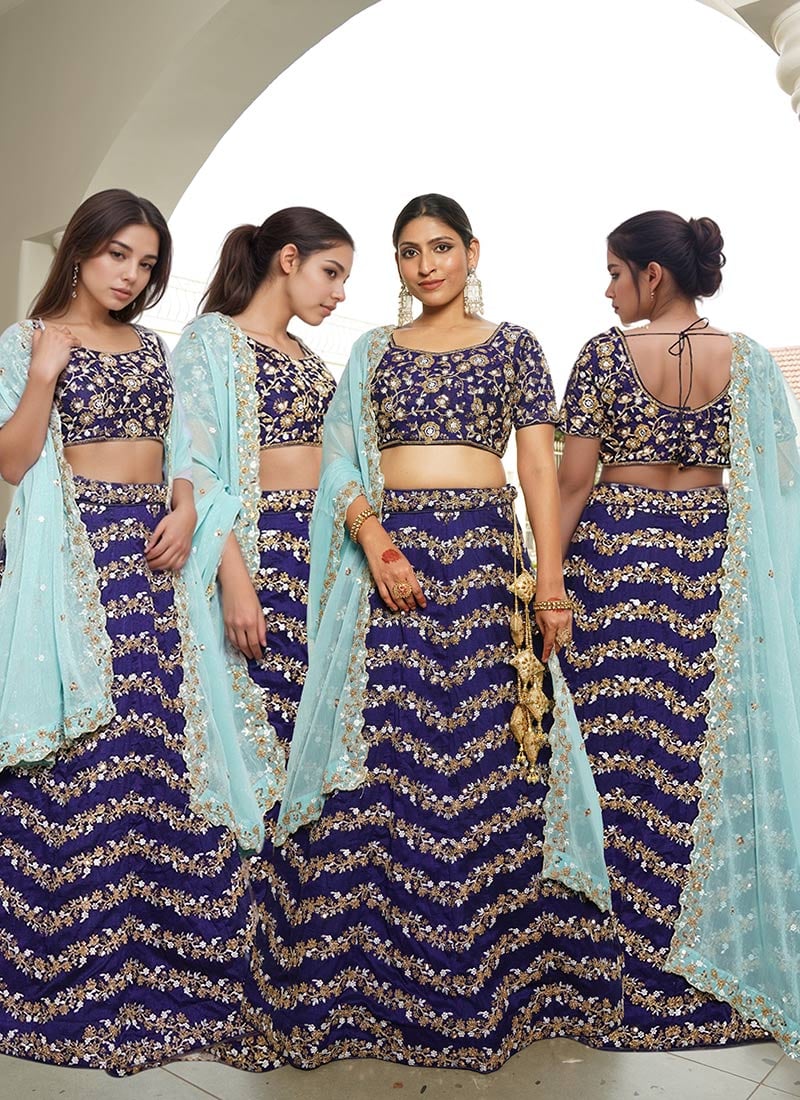 Royal Blue Satin Silk Zari Embroidered Sequins Lehenga