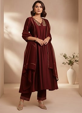 Royal Brown Silk Sequins Hand Embroidered Anarkali Suit