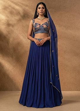 Royal Navy Blue Faux Georgette Beads Hand Embroidered Umbrella Lehenga