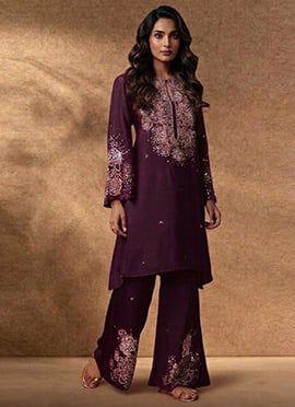 Royal Purple Silk Zari Stones Indowestern Set