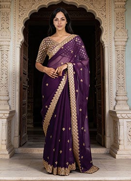 Royal Purple Tissue Moti Sequins Saree