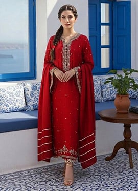 Royal Red Georgette Zari Sequins Straight Pant Suit