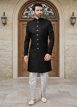 Royal Sequins Thread Jacquard Dupion Silk Indowestern Sherwani