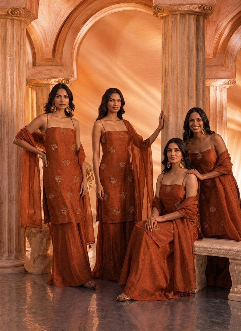 Rust Brown Silk Hand Embroidered With Stone Work Palazzo Suit After Six Wear