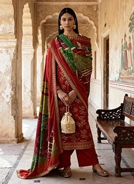 Rust Dola Silk Jacquard Embroidered Sequins Straight Pant Suit