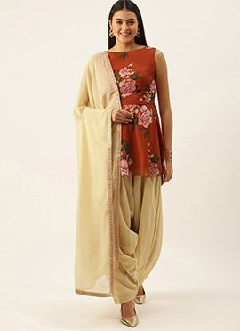 Rust N Beige Georgette Semi Patiala Suit