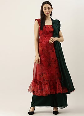 Rust N Green Strap Neck Palazzo Set