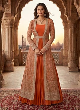 Rust Orange Chinon Silk Embroidered Zari Sequins Anarkali Gown With Jacket
