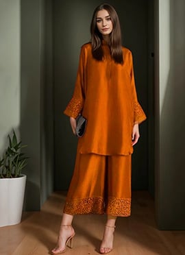 Rust Orange Silk Hand Work Gorgeous Kurta Palazzo Suit