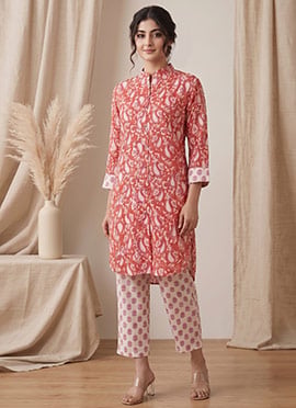 Rust Printed Cotton Kurta Set