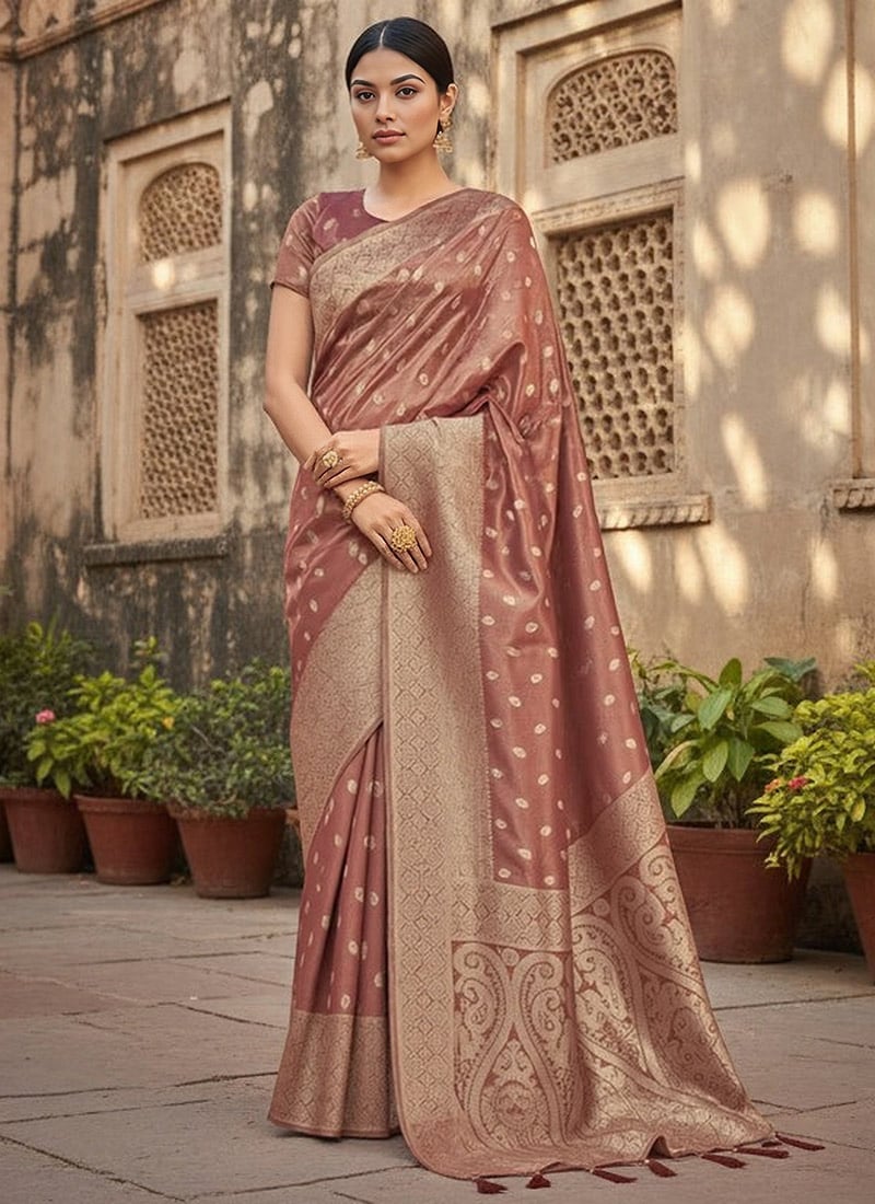 Rust Shimmer Silk Zari Saree Festive Wear