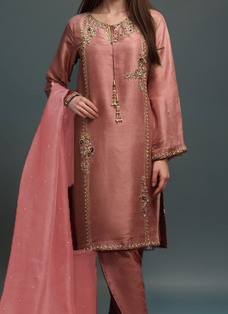 Shop Rust Silk Cut Hand Embroidered Zari Straight Pant Suit Festive ...