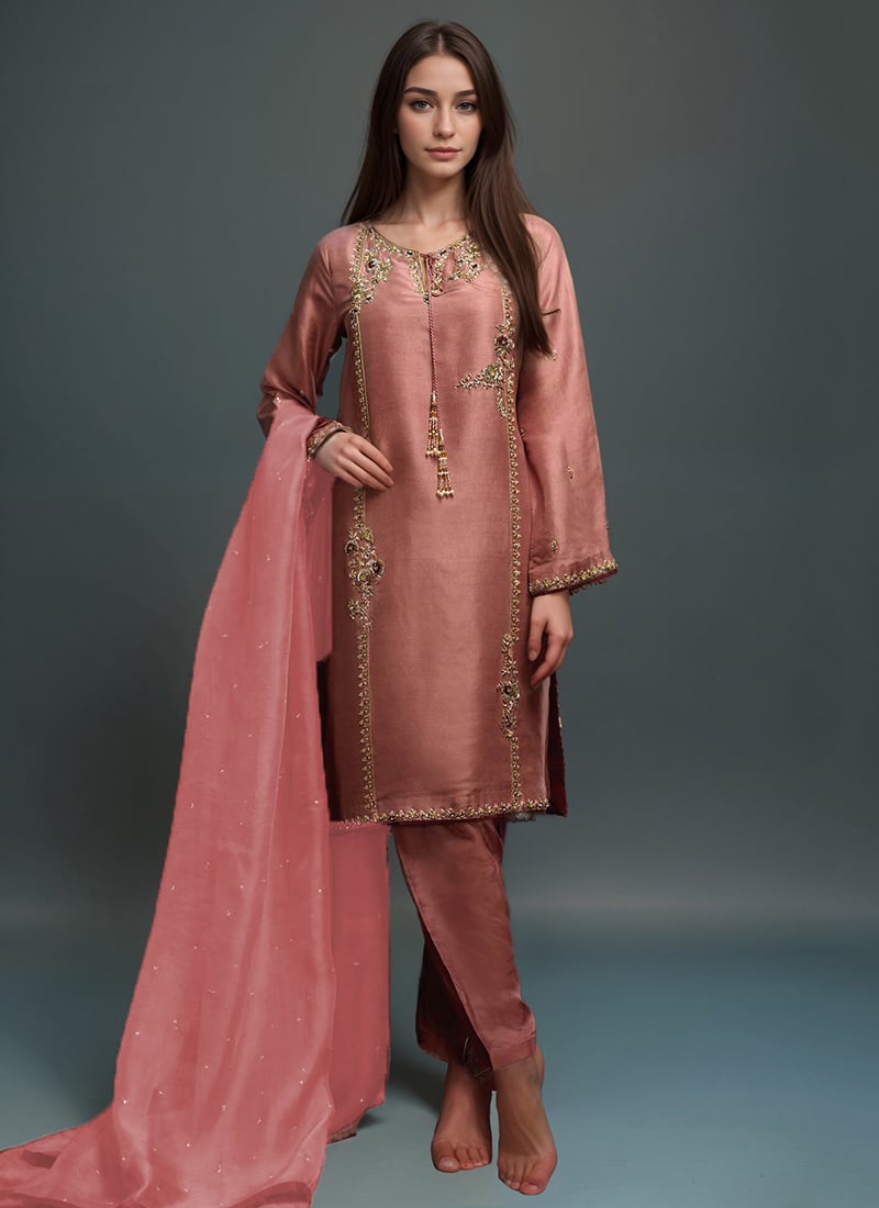 Rust Silk Cut Hand Embroidered Zari Straight Pant Suit Festive Wear