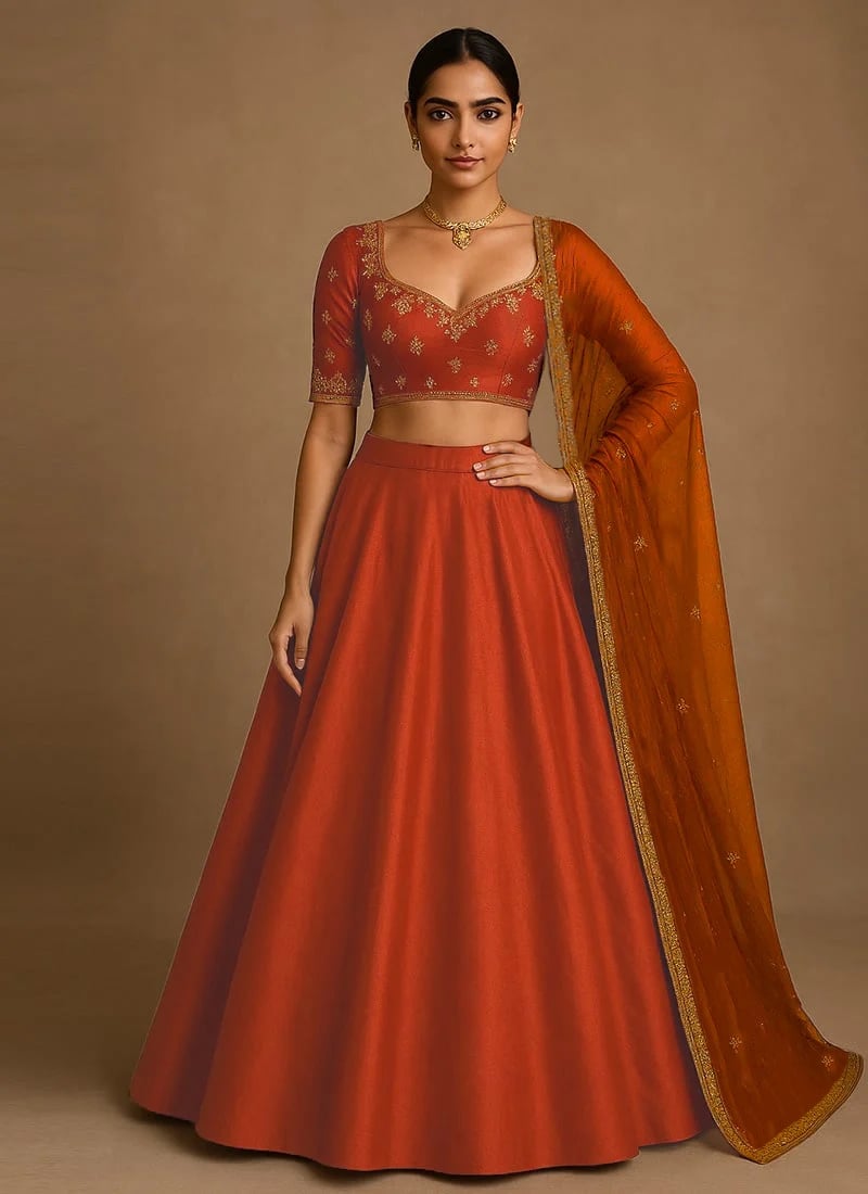 Rust Silk Lehenga With Zari Sequins Hand Embroidered Choli And Dupatta Wedding Wear