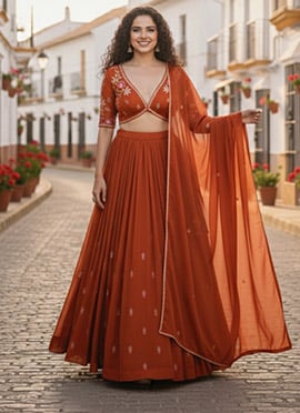 Rust Silk Resham Work Lehenga