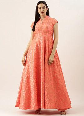 Saffron Brocade Collar Neck Gown