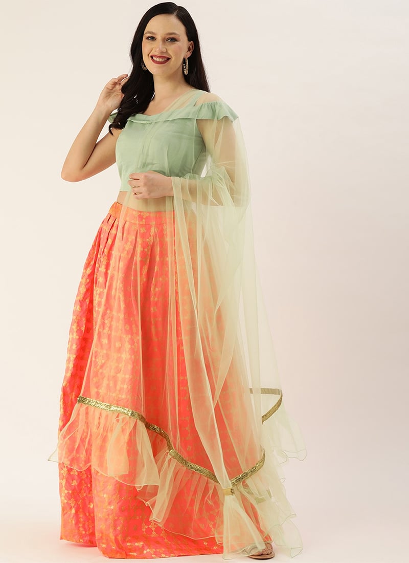 Saffron N Off Shoulder Flap N Strap Neck Lehenga