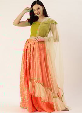 Saffron N Off Shoulder Flap N Strap Neck Lehenga
