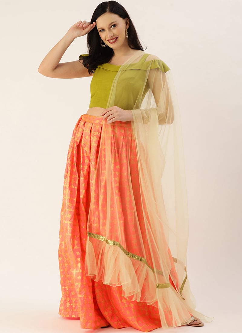 Saffron N Off Shoulder Flap N Strap Neck Lehenga Party Wear