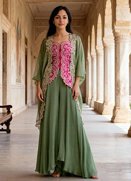 Sage Green Chinon Silk Embroidered Sequins Beads Work Indowestern Jacket Palazzo Set Wedding Wear