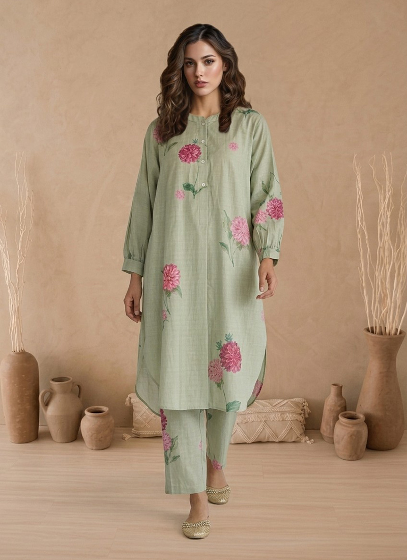 Sage Green Printed Cotton Kurta Set After Six Wear