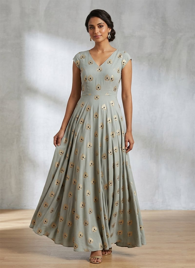 Sage Green Rayon Printed Maxi Dress After Six Wear