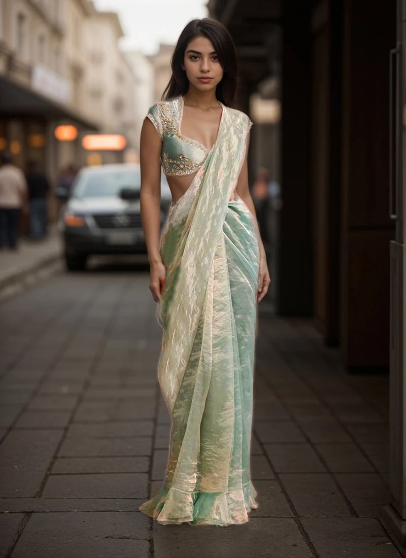 Sage Green Tissue Hand Embroidered Sequins With Moti Work Saree Wedding Wear
