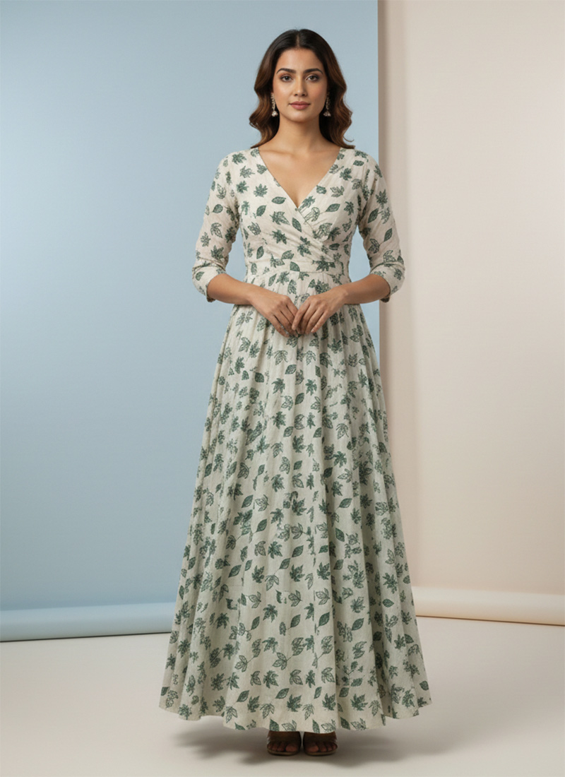 Sage Silk Cotton Printed Maxi Dress Party Wear