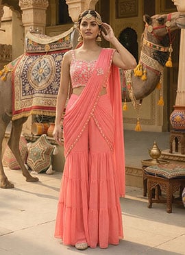 Salmon Pink Georgette Hand Embroidered Sequins With Beads Work Pre Draped Sharara Saree