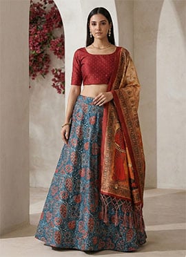 Satin Blend Printed Umbrella Lehenga