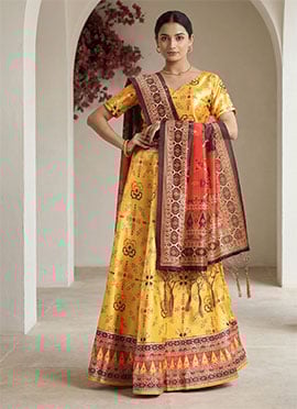 Satin Blend Printed Umbrella Lehenga