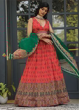 Satin Silk Digital Printed Work Red A Line Lehenga