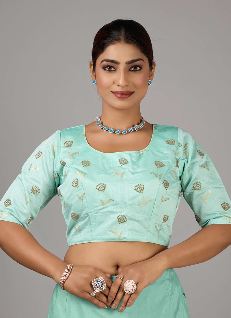 Sea Blue Cotton Round Neck Blouse Festive Wear