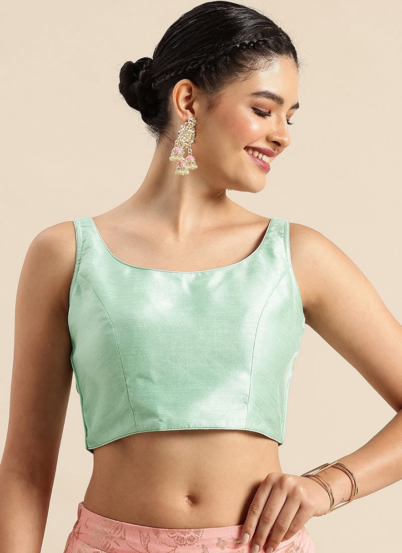 Sea Blue Dupion Silk Sleeveless Blouse Festive Wear