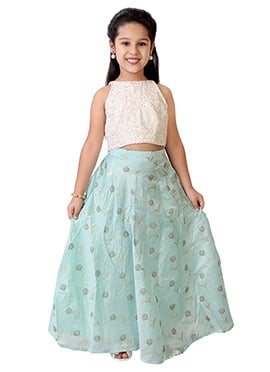 Sea Blue Embroidered Cotton Crop Top N Skirt
