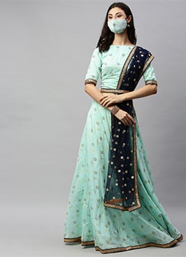 Sea Blue N Blue Boat Neck Lehenga Set