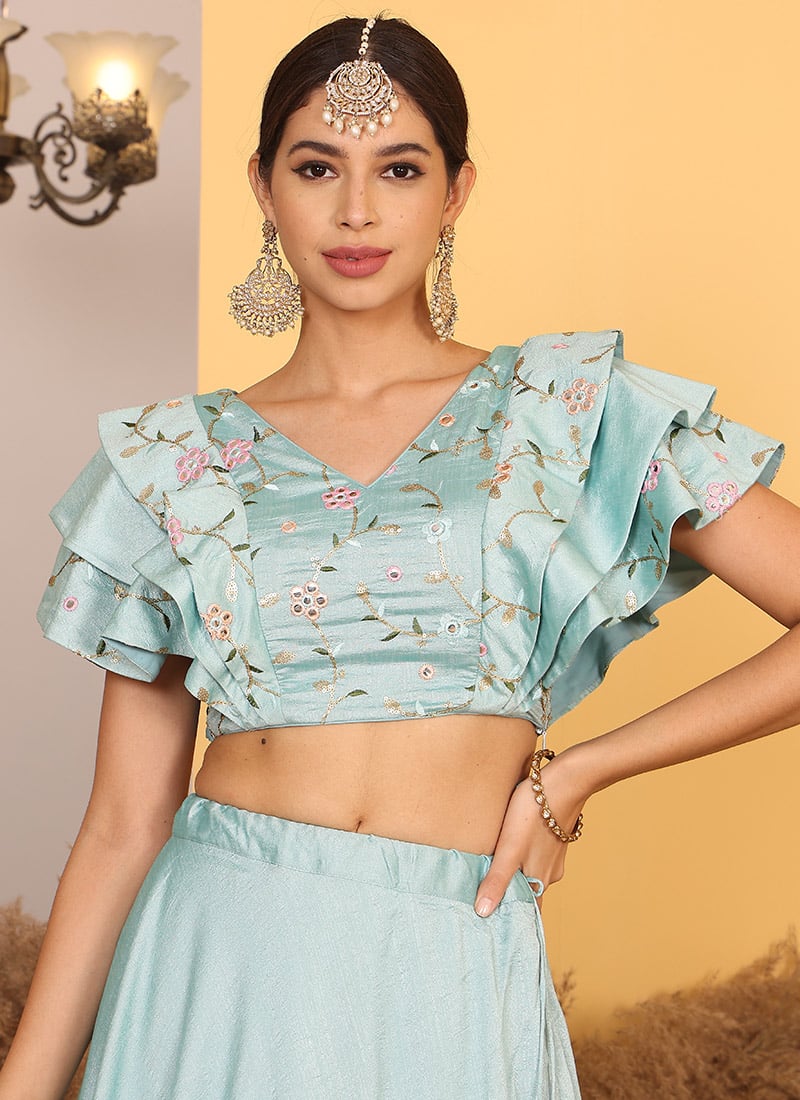 Sea Green Art Silk Embroidered Blouse Festive Wear